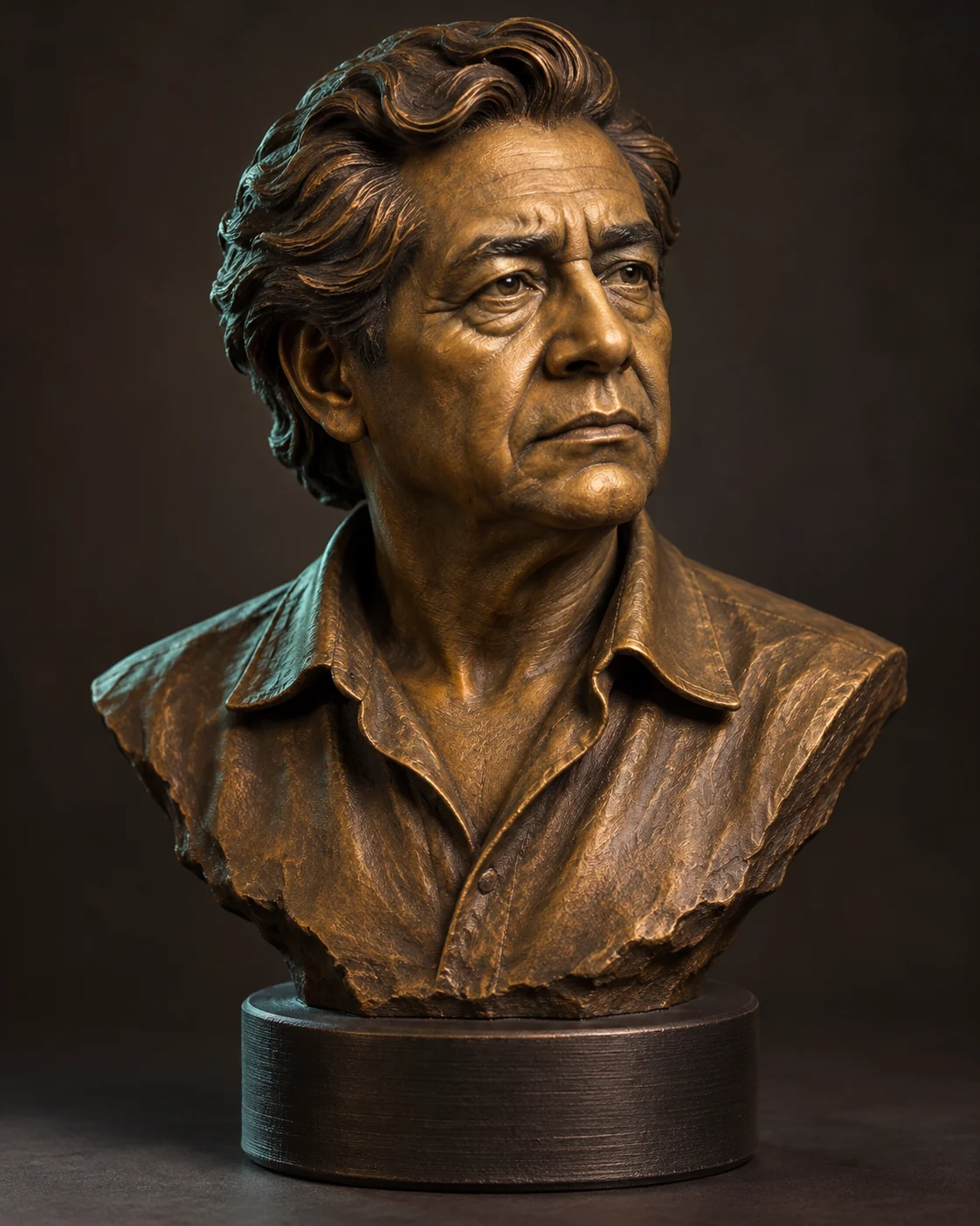 Concepto de busto impreso en 3D con acabado pintado de bronce